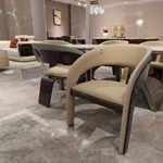 Barrel-Back Dining Chair with Woven Leather Accents, High-Gloss Wood Frame and Vertical Back Strap